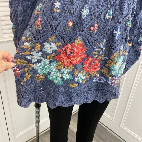 Vintage Laura Ashley Sz L Blue Sweater Cotton Cable Knit & Embroidery Oversized - Picture 2 of 15